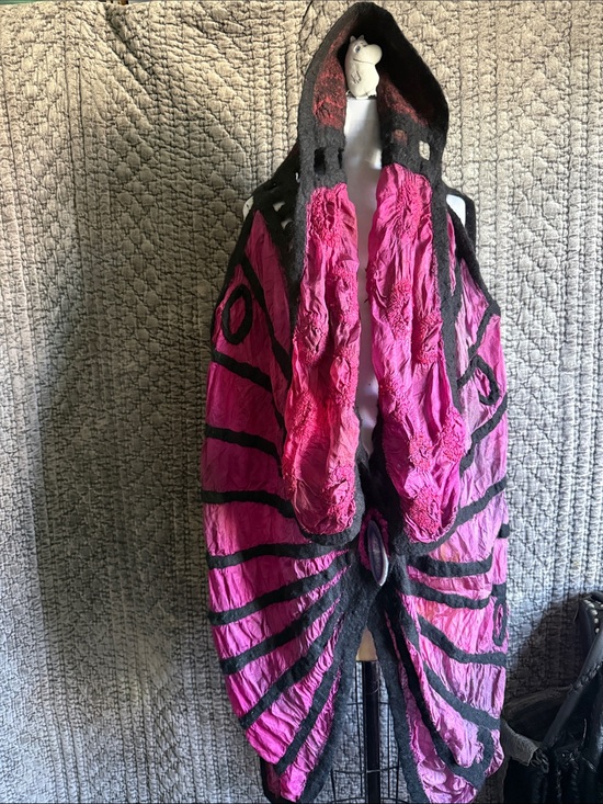 Hand Crafted Jackets & Blazers - Hand Crafted Pink & Black Hooded Draped Cape 100%Painting silk and 100%wool